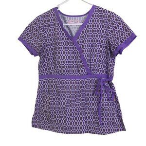 Koi Scrub Top Size Small Purple Geometric Print Pockets Drawstring Waist Pockets